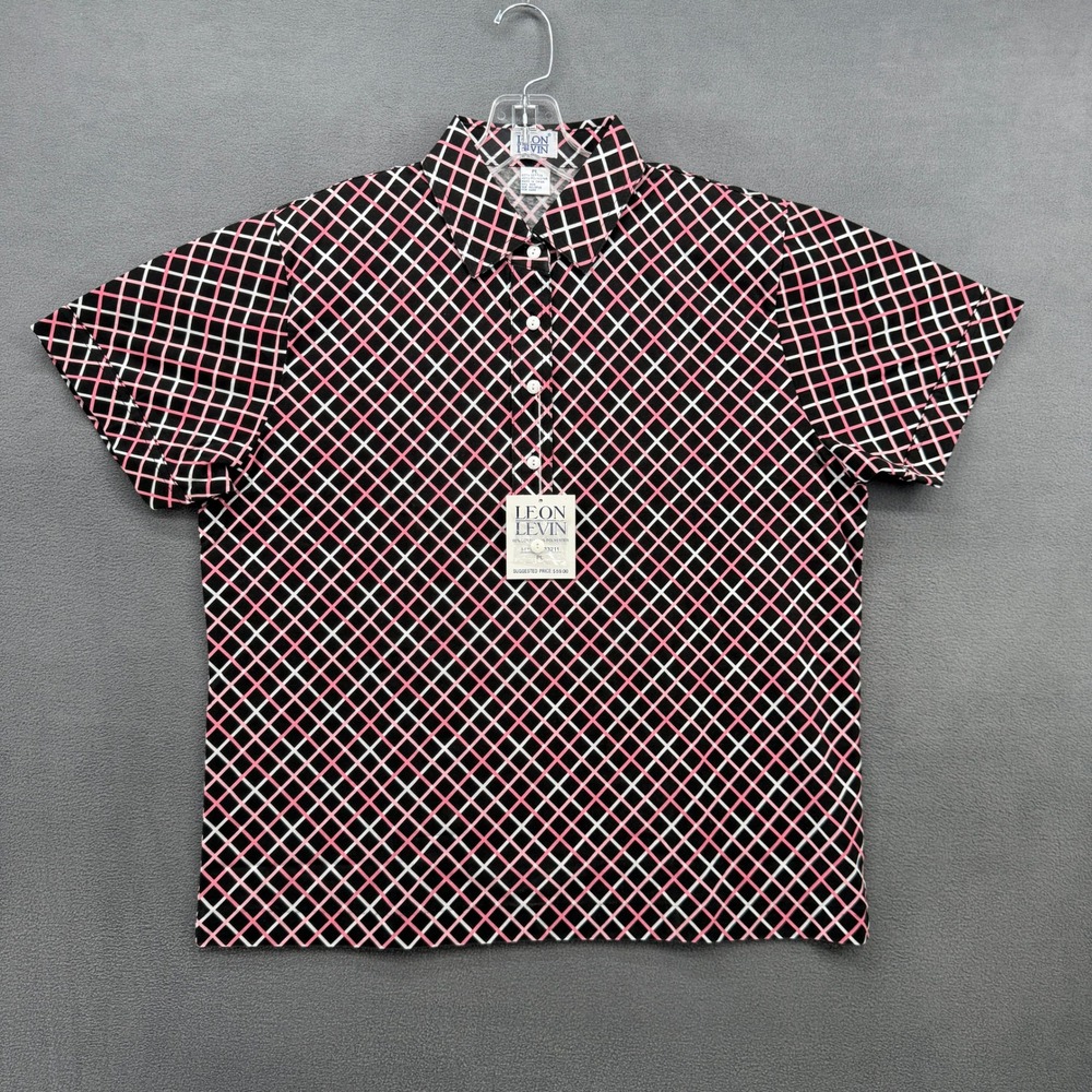 Leon Levin Polo Shirt Womens PL Pink Black Geometric Grid NEW